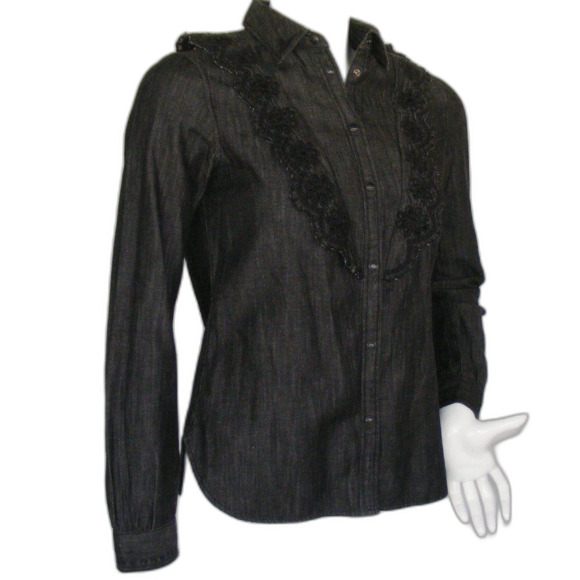 SCOTCH & SODA Blouse, XS, Black Denim, Eyelet Ruffle bib, Long sleeve, Snaps - Picture 3 of 16